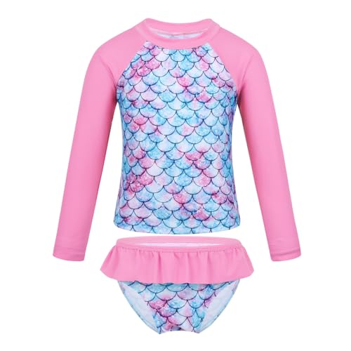 CHICTRY Mädchen Zweiteiler Badeanzug UV-Schutz Meerjungfrau Bademode Langarm Rash Guard Tankini Fischschuppen Badeshirts mit Badeslip Swimwear Gr.92-128 Rosa 122-128 von CHICTRY