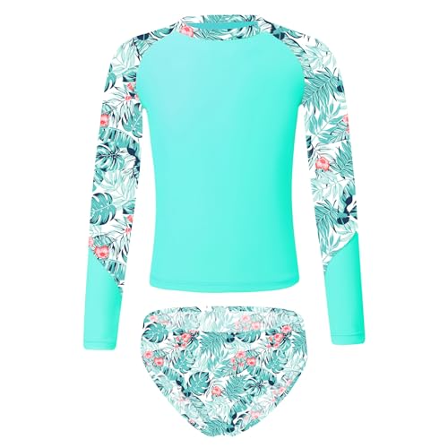 CHICTRY Mädchen Zweiteiler Badeanzug UV-Schutz Meerjungfrau Bademode Langarm Rash Guard Tankini Fischschuppen Badeshirts mit Badeslip Swimwear Gr.92-128 Blattgrün A 110-116 von CHICTRY