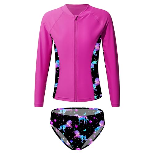 CHICTRY Mädchen Zweiteiler Badeanzug UV-Schutz Meerjungfrau Bademode Langarm Rash Guard Tankini Fischschuppen Badeshirts mit Badeslip Swimwear Gr.92-128 Hot Pink B 122-128 von CHICTRY