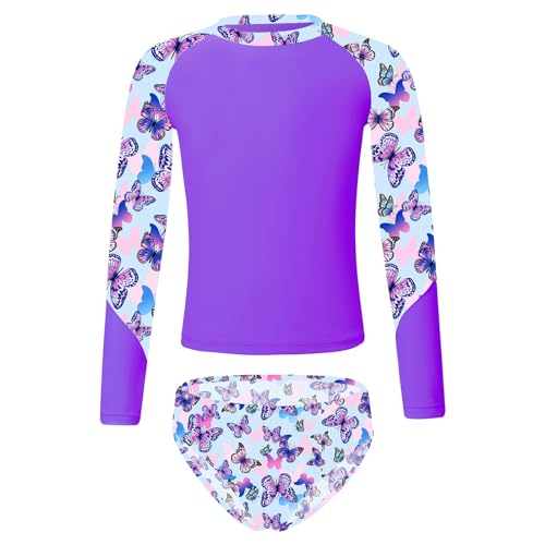 CHICTRY Mädchen Zweiteiler Badeanzug UV-Schutz Meerjungfrau Bademode Langarm Rash Guard Tankini Fischschuppen Badeshirts mit Badeslip Swimwear Gr.92-128 Violett A 146-152 von CHICTRY