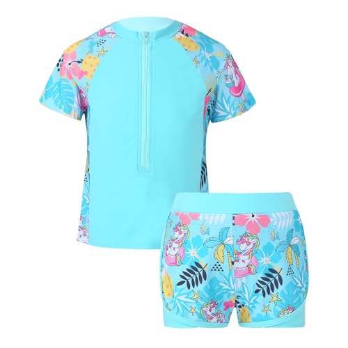 CHICTRY Mädchen Zweiteiliger Badeanzug Hawaii Blumen Kinder Schwimmanzug UV-Schutz 50+ Badeset Rash Guard Shirt Mit Badeshorts Kinder Swimsuit Blau Cartoon Horse 146-152 von CHICTRY