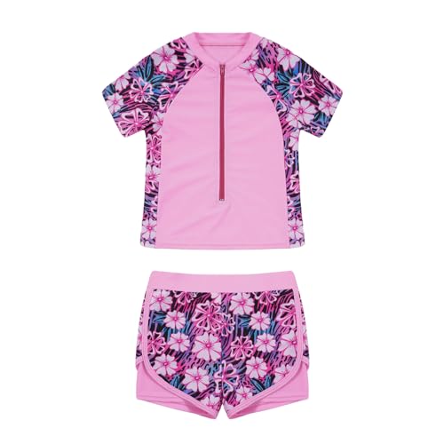 CHICTRY Mädchen Zweiteiliger Badeanzug Hawaii Blumen Kinder Schwimmanzug UV-Schutz 50+ Badeset Rash Guard Shirt Mit Badeshorts Kinder Swimsuit Rosa Blumen 122-128 von CHICTRY