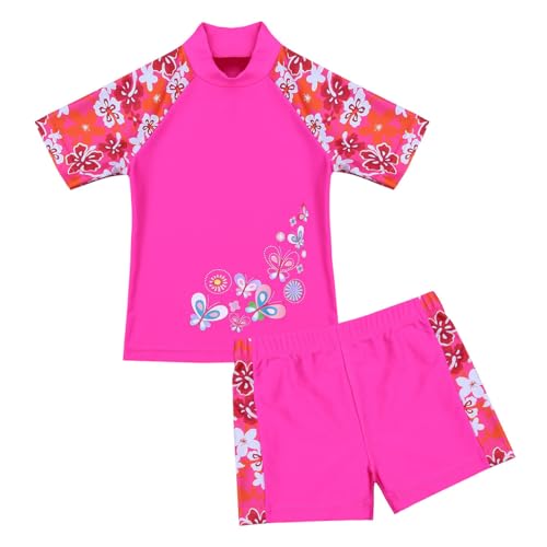 CHICTRY Mädchen Zweiteiliger Badeanzug Hawaii Blumen Kinder Schwimmanzug UV-Schutz 50+ Badeset Rash Guard Shirt Mit Badeshorts Kinder Swimsuit Rose Rot 122-128 von CHICTRY