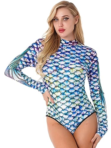 CHICTRY Meerjungfrau Badeanzug Damen Langarm Rash Guard Fischschuppen Body Schwimmanzug UV Schutz Badebekleidung Motiv Beachwear Bunt L-XL von CHICTRY