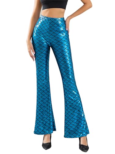 CHICTRY Meerjungfrau Kostüm Damen Hose Lang Metallic Leggings Glänzend High Waist Schlaghose Fischschuppen Tanzhose Palazzo Hose Fasching Karneval Kostüm Blau S von CHICTRY