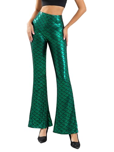 CHICTRY Meerjungfrau Kostüm Damen Hose Lang Metallic Leggings Glänzend High Waist Schlaghose Fischschuppen Tanzhose Palazzo Hose Fasching Karneval Kostüm Dunkelgrün L von CHICTRY