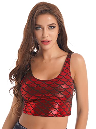 CHICTRY Meerjungfrau Kostüm Damen Oberteil Fischschuppen Print Crop Top Metallic Glitzer Kurz Shirt Ärmellos Unterhemd Mit U-Ausschnitt B_Burgundy Einheitsgröße von CHICTRY