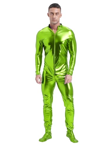 CHICTRY Metallic Anzug Herren Ganzkörper Body Glitzer Overall Langarm Jumpsuit Stehkragen Ganzkörperanzug Space Man Outfit Für Fasching Karneval Gras-Grün M von CHICTRY