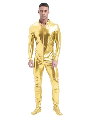 CHICTRY Metallic Anzug Herren Ganzkörper Body Glitzer Overall Langarm Jumpsuit Stehkragen Ganzkörperanzug Space Man Outfit Für Fasching Karneval Gold M von CHICTRY