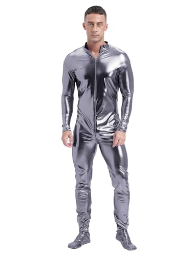 CHICTRY Metallic Anzug Herren Ganzkörper Body Glitzer Overall Langarm Jumpsuit Stehkragen Ganzkörperanzug Space Man Outfit Für Fasching Karneval Grau L von CHICTRY