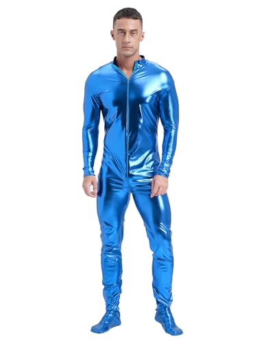 CHICTRY Metallic Anzug Herren Ganzkörper Body Glitzer Overall Langarm Jumpsuit Stehkragen Ganzkörperanzug Space Man Outfit Für Fasching Karneval Himmelblau XL von CHICTRY