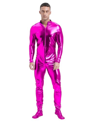 CHICTRY Metallic Anzug Herren Ganzkörper Body Glitzer Overall Langarm Jumpsuit Stehkragen Ganzkörperanzug Space Man Outfit Für Fasching Karneval Hot Pink M von CHICTRY