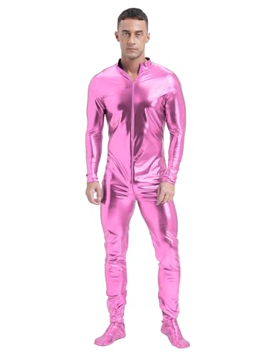 CHICTRY Metallic Anzug Herren Ganzkörper Body Glitzer Overall Langarm Jumpsuit Stehkragen Ganzkörperanzug Space Man Outfit Für Fasching Karneval Rosa XXL von CHICTRY