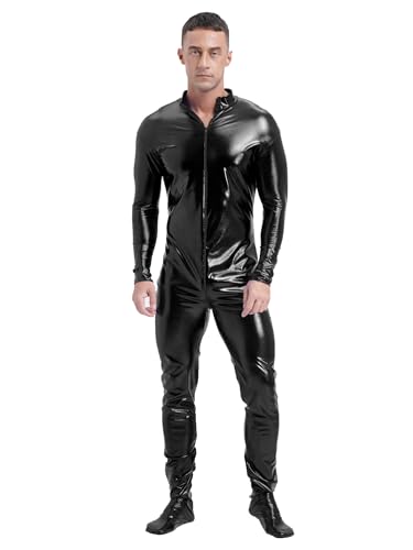 CHICTRY Metallic Anzug Herren Ganzkörper Body Glitzer Overall Langarm Jumpsuit Stehkragen Ganzkörperanzug Space Man Outfit Für Fasching Karneval Schwarz XXL von CHICTRY