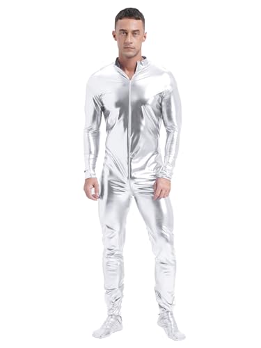 CHICTRY Metallic Anzug Herren Ganzkörper Body Glitzer Overall Langarm Jumpsuit Stehkragen Ganzkörperanzug Space Man Outfit Für Fasching Karneval Silber XXL von CHICTRY