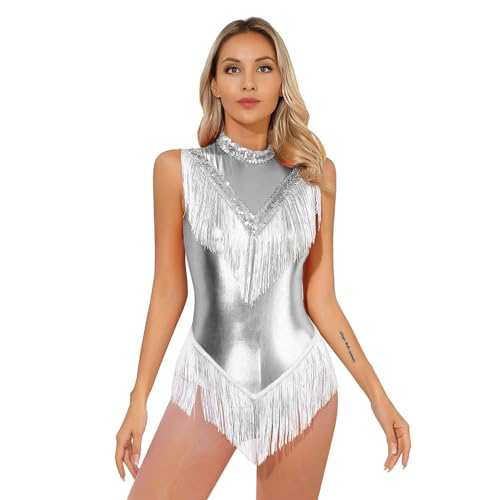 CHICTRY Metallic Body Damen Fransen Quaste Tanzbody Ballett Latein Trikot Mit Pailletten Stehkragen Ärmellos Tanzkleid Standard Cha Cha Salsa Tanzkostüm Silber M von CHICTRY