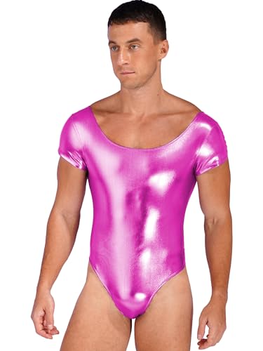 CHICTRY Metallic Body Herren Sexy PVC Catsuit Stretch Eng Kurzarm Turnanzug Einteiler Overall Jumpsuit Kurz Sportlich Dancewear Rose XL von CHICTRY