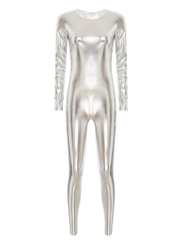 CHICTRY Metallic Jumpsuit Damen Glitzer Overall Party Disco Ganzanzug Langarm Tanzanzug Weltraum Anzug Für Fasching Karneval Silber M von CHICTRY