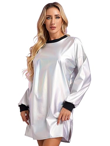 CHICTRY Metallic Kleid Damen Langarm Holographic Top Oversize Glänzend Rundhals Tshirt Kleid Locker Slim Fit Tunika Bluse Mit Schlitz Party Clubwear Holografisches Silber L von CHICTRY