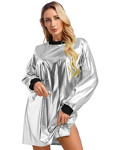 CHICTRY Metallic Kleid Damen Langarm Holographic Top Oversize Glänzend Rundhals Tshirt Kleid Locker Slim Fit Tunika Bluse Mit Schlitz Party Clubwear Silber S von CHICTRY