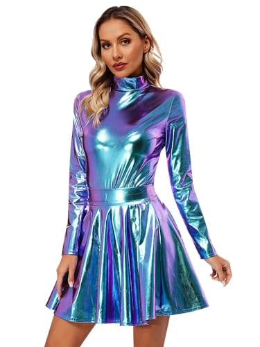 CHICTRY Metallic Kleid Damen Silber Blau Langarm Holographic Body Glitzer Trikot Mit Faltenrock Party Rock Gogo Rave Festival Outfit Faschingkostüm Blau XL CHICTRY Metallic Kleid Damen Silber Blau Langarm Holographic Body Glitzer Trikot Mit Faltenrock Party Rock Gogo Rave Festival Outfit Faschingkostüm Blau XL von CHICTRY
