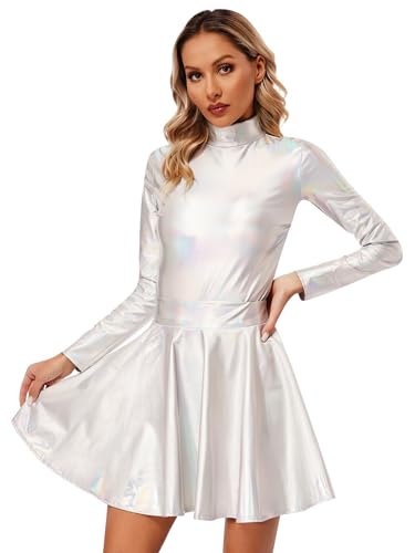 CHICTRY Metallic Kleid Damen Silber Blau Langarm Holographic Body Glitzer Trikot Mit Faltenrock Party Rock Gogo Rave Festival Outfit Faschingkostüm Silber S von CHICTRY