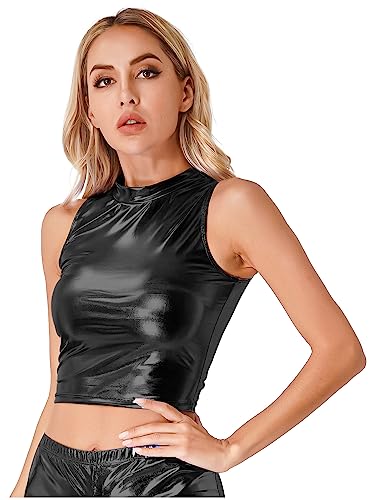 CHICTRY Metallic Mock Neck Pullover mit Stehkragen Damen Crop Top Ärmellos Metallic Glänzend T-Shirt bauchfrei Unterhemd Clubwear B_Schwarz Weste L von CHICTRY