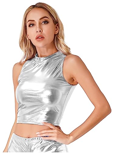 CHICTRY Metallic Mock Neck Pullover mit Stehkragen Damen Crop Top Ärmellos Metallic Glänzend T-Shirt bauchfrei Unterhemd Clubwear B_Silber Weste L von CHICTRY