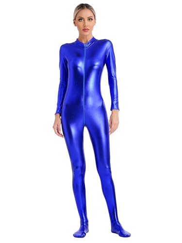 CHICTRY Metallic Overall Damen Ganzkörper Body Langarm Holographic Jumpsuit Mit Fuß Space Girl Disco Astronautin 80er 90er Rave Festival Bodysuit Blau L von CHICTRY