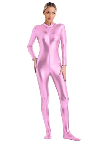 CHICTRY Metallic Overall Damen Ganzkörper Body Langarm Holographic Jumpsuit Mit Fuß Space Girl Disco Astronautin 80er 90er Rave Festival Bodysuit Rosa 3XL von CHICTRY
