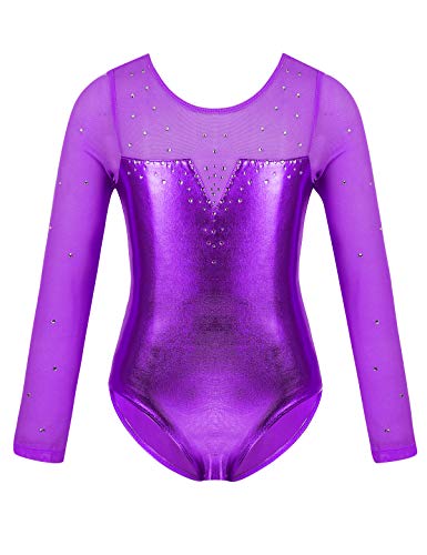 CHICTRY Metallic Turnanzug Mädchen Langarm Strass Glitzer Gymnastikanzug Stretch Rundhals Ballett Body Patchwork Trikot Tanzbody Wettbewerb Tanzkostüm Lila 146-152 von CHICTRY