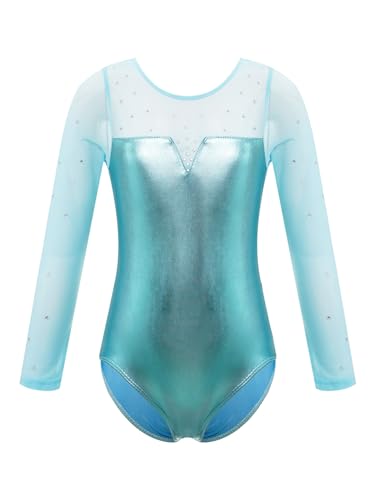 CHICTRY Metallic Turnanzug Mädchen Langarm Strass Glitzer Gymnastikanzug Stretch Rundhals Ballett Body Patchwork Trikot Tanzbody Wettbewerb Tanzkostüm Grün 134-140 von CHICTRY