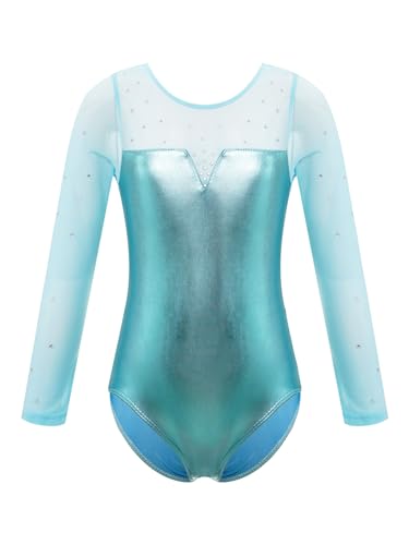 CHICTRY Metallic Turnanzug Mädchen Langarm Ballettanzug Strass Glitzer Gymnastikanzug Mesh Patchwork Tanzbody Wettbewerb Tanzkostüm Grün 146-152 von CHICTRY