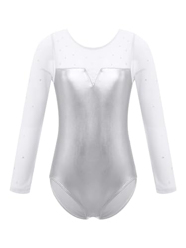 CHICTRY Metallic Turnanzug Mädchen Langarm Ballettanzug Strass Glitzer Gymnastikanzug Mesh Patchwork Tanzbody Wettbewerb Tanzkostüm Silber 122-128 von CHICTRY