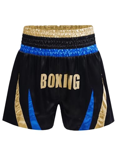 CHICTRY Muay Thai Short Kinder Muay Thai Hose Junior Jungen Und Mädchen Kickboxen Hose Für Kampfsport Käfigkampf Und Training Blau und Gold 122-128 von CHICTRY