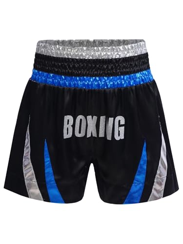 CHICTRY Muay Thai Short Kinder Muay Thai Hose Junior Jungen Und Mädchen Kickboxen Hose Für Kampfsport Käfigkampf Und Training Blau und Silber 134-140 von CHICTRY