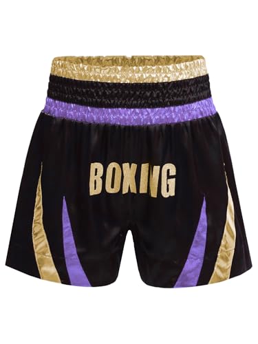 CHICTRY Muay Thai Short Kinder Muay Thai Hose Junior Jungen Und Mädchen Kickboxen Hose Für Kampfsport Käfigkampf Und Training Hellviolett & Gold 134-140 von CHICTRY