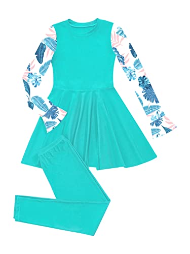 CHICTRY Muslimischen Badeanzug Mädchen Kinder Full Cover Bescheiden Badekleid Mit Badehose Hawaii Motiv Schwimmanzug Burkini Surfen Kleidung Lake Grün A 146-152 von CHICTRY