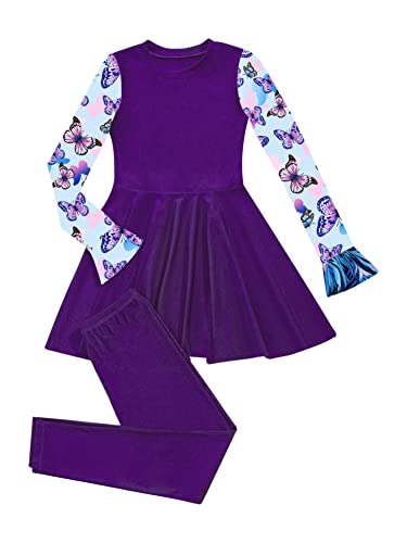 CHICTRY Muslimischen Badeanzug Mädchen Kinder Full Cover Bescheiden Badekleid Mit Badehose Hawaii Motiv Schwimmanzug Burkini Surfen Kleidung Violett A 170-176 von CHICTRY