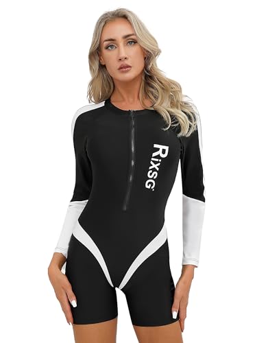 CHICTRY Neopren Taucheranzug Damen Langarm Surfanzug Shorty Hawaii Motiv Sport Badeanzug Reißverschluss Vorne Einteiler Bademode Mit Bein Swimsuit A Schwarz L von CHICTRY