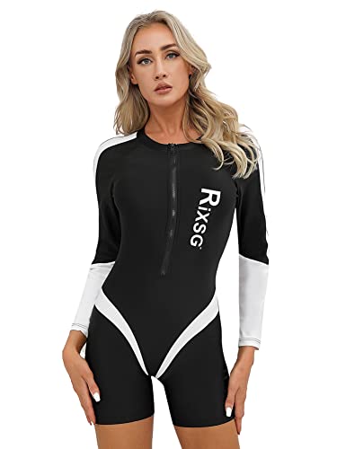 CHICTRY Neopren Taucheranzug Damen Langarm Surfanzug Shorty Hawaii Motiv Sport Badeanzug Reißverschluss Vorne Einteiler Bademode Mit Bein Swimsuit A Schwarz XXL von CHICTRY