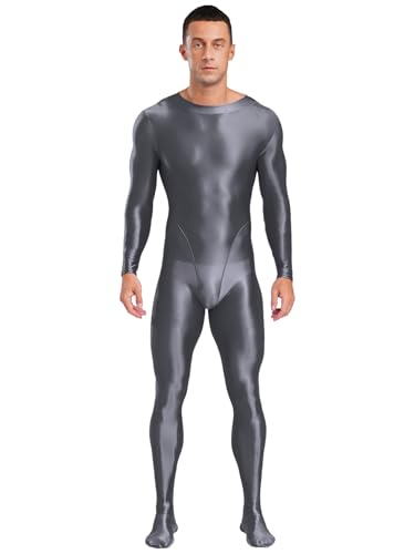 CHICTRY Nylon Anzug Ganzkörper Herren Glossy Bodysuit Öl Glanz Catsuit Langarm Hochelastisch Bodystocking Dessous Party Clubwear Grau 3XL von CHICTRY