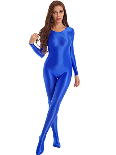 CHICTRY Nylon Body Damen Sexy Ganzkörper Strumpfhose Bodystocking Langarm Overall Jumpsuit Öl Glänzend Gogo Tanz Rave Outfits Blau XL von CHICTRY