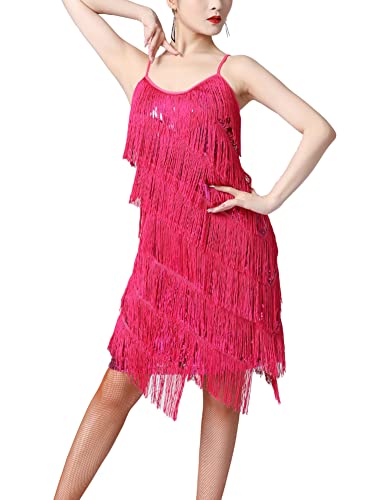 CHICTRY Paillette Quaste Latein Tanzkleid Samba Kostüme Damen Ballsaal Kleider Spaghettiträger Partykleid Glänzend Tanzkostüm Für Fasching Karneval A Hot Pink XXL von CHICTRY