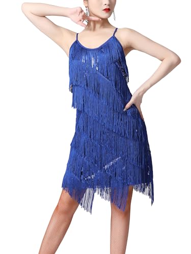 CHICTRY Paillette Quaste Latein Tanzkleid Samba Kostüme Damen Ballsaal Kleider Spaghettiträger Partykleid Glänzend Tanzkostüm Für Fasching Karneval Royal Blau M von CHICTRY