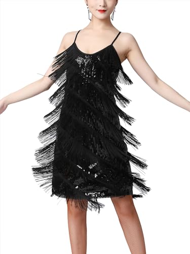 CHICTRY Paillette Quaste Latein Tanzkleid Samba Kostüme Damen Ballsaal Kleider Spaghettiträger Partykleid Glänzend Tanzkostüm Für Fasching Karneval Schwarz S von CHICTRY