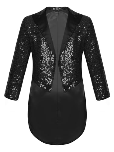 CHICTRY Pailletten Frack Kinder Junge Glitzer Sakko Button Down Jacket Reverskragen Mantel Slim Fit Hip Hop Jazz Street Dance Kleidung Disco Kostüm A_Schwarz 158-164 von CHICTRY