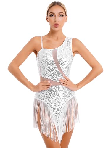 CHICTRY Pailletten Glitzer Kleid Damen Glitzer Ärmellos Quaste Latein Tanzkleid Samba Kostüm Mesh Patchwork Ballettanzug Mit Unregelmäßig Saum Tanzkostüm Weiß L von CHICTRY