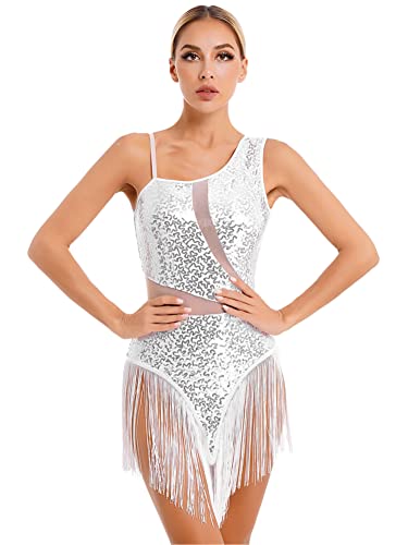 CHICTRY Pailletten Glitzer Kleid Damen Glitzer Ärmellos Quaste Latein Tanzkleid Samba Kostüm Mesh Patchwork Ballettanzug Mit Unregelmäßig Saum Tanzkostüm Weiß S von CHICTRY