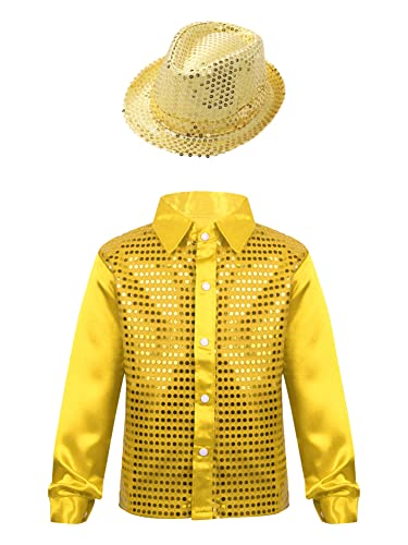 CHICTRY Pailletten Hemd Kinder Jungen Langarm Reverskragen Disco Hemd Glitzer Button Down Shirt Mit/Ohne Hut Jazz Modern Performance Tanzkleidung B_Gold 134-140 von CHICTRY